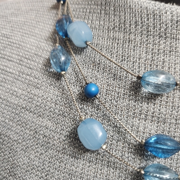 Blue Beaded Necklace Silver Tone 3 Strand - Picture 2 of 6